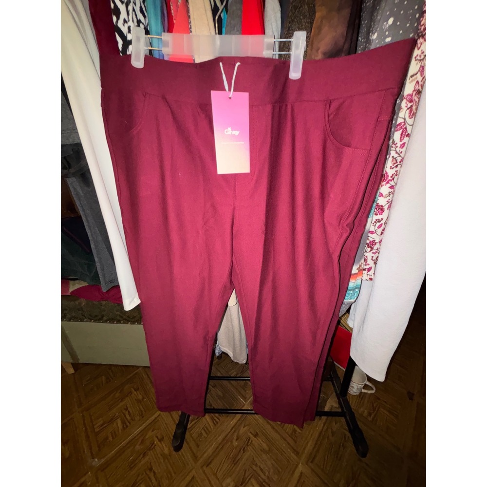 Ginasy Women Burgundy Red Plus Size 4XL Elastic Waist Pants Pockets